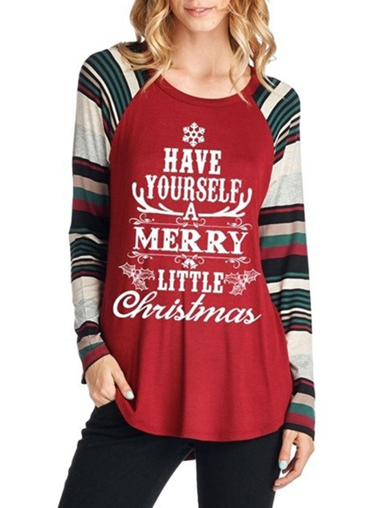 Casual-Women-Christmas-Letter-Print-Striped-Patchwork-T-Shirts-1381314