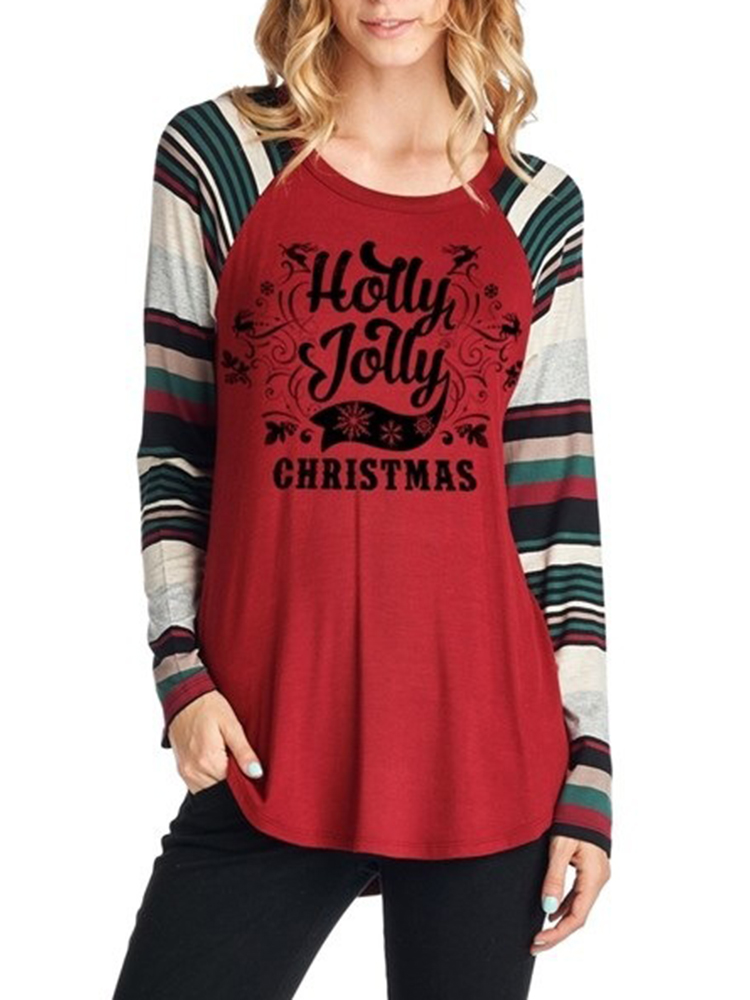 Casual-Women-Christmas-Letter-Print-Striped-Patchwork-T-Shirts-1381314