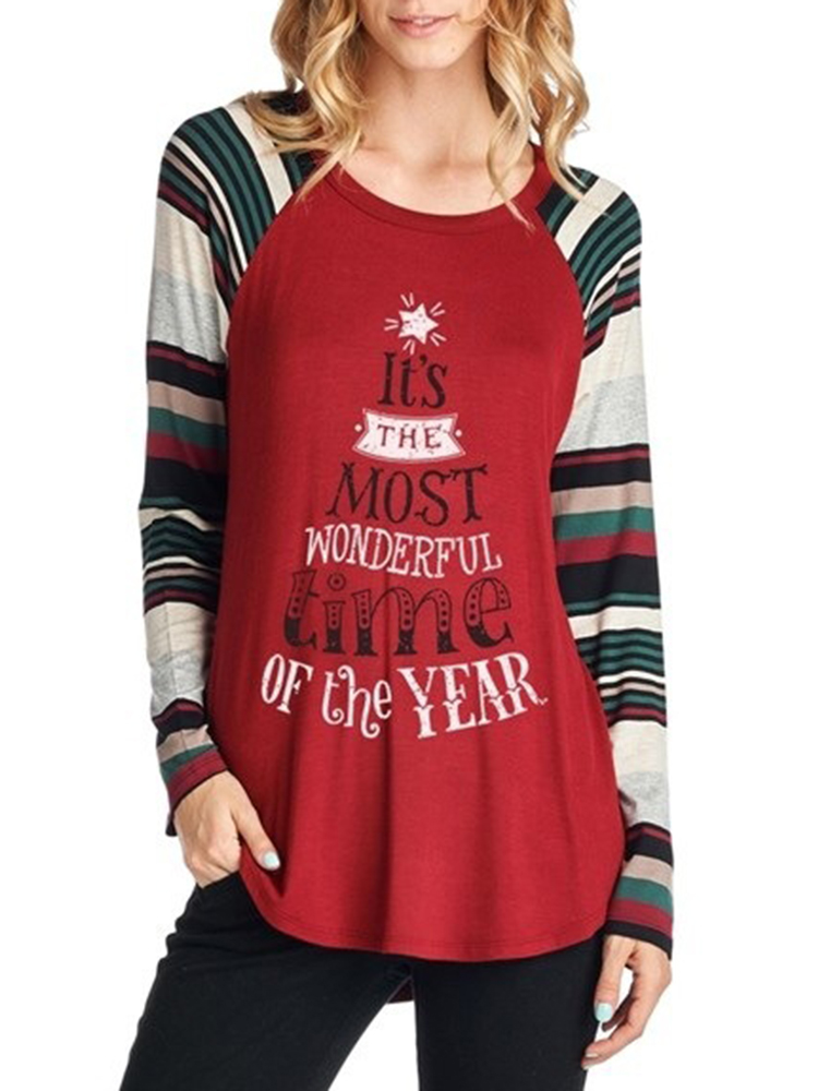 Casual-Women-Christmas-Letter-Print-Striped-Patchwork-T-Shirts-1381314