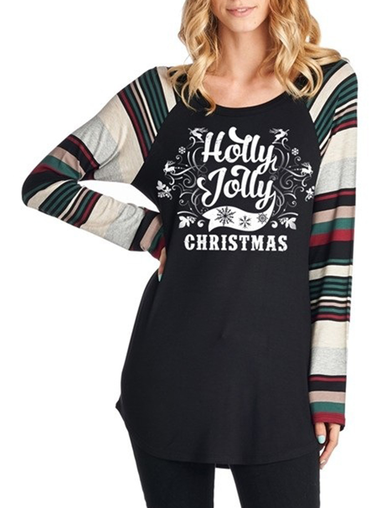 Casual-Women-Christmas-Letter-Print-Striped-Patchwork-T-Shirts-1381314