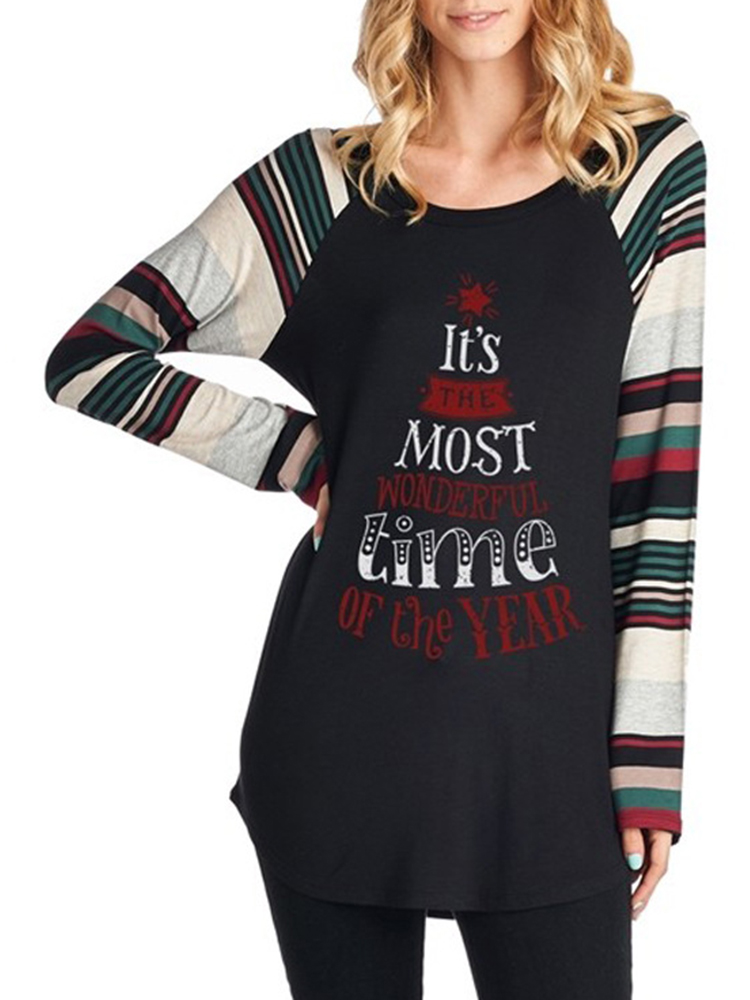 Casual-Women-Christmas-Letter-Print-Striped-Patchwork-T-Shirts-1381314