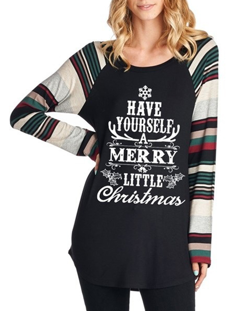 Casual-Women-Christmas-Letter-Print-Striped-Patchwork-T-Shirts-1381314