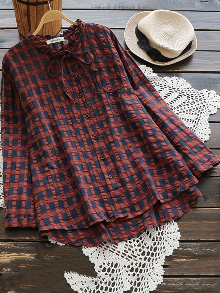 Casual-Women-Cotton-Linen-Pleated-Plaid-Button-Irregular-Hem-Blouse-1369537