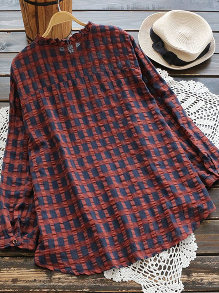 Casual-Women-Cotton-Linen-Pleated-Plaid-Button-Irregular-Hem-Blouse-1369537