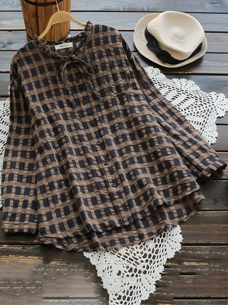 Casual-Women-Cotton-Linen-Pleated-Plaid-Button-Irregular-Hem-Blouse-1369537