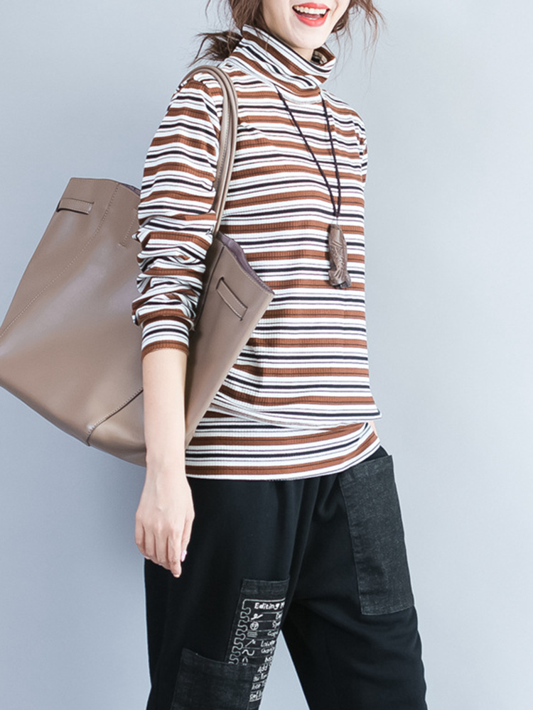 Casual-Women-Long-Sleeve-Striped-Turtleneck-Cotton-T-shirt-1218182
