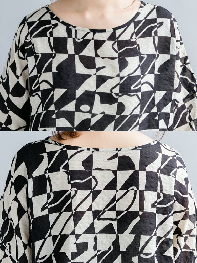 Casual-Women-Loose-Cotton-Print-Geometric-Pattern-Round-Neck-Short-Sleeve-T-Shirts-1336994