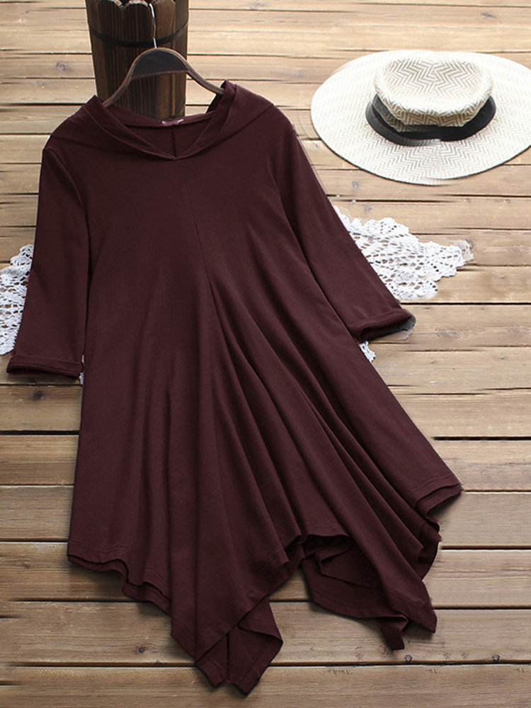 Casual-Women-Solid-Color-Irregular-Hem-34-Sleeve-Hoodie-Shirt-Dress-1384689