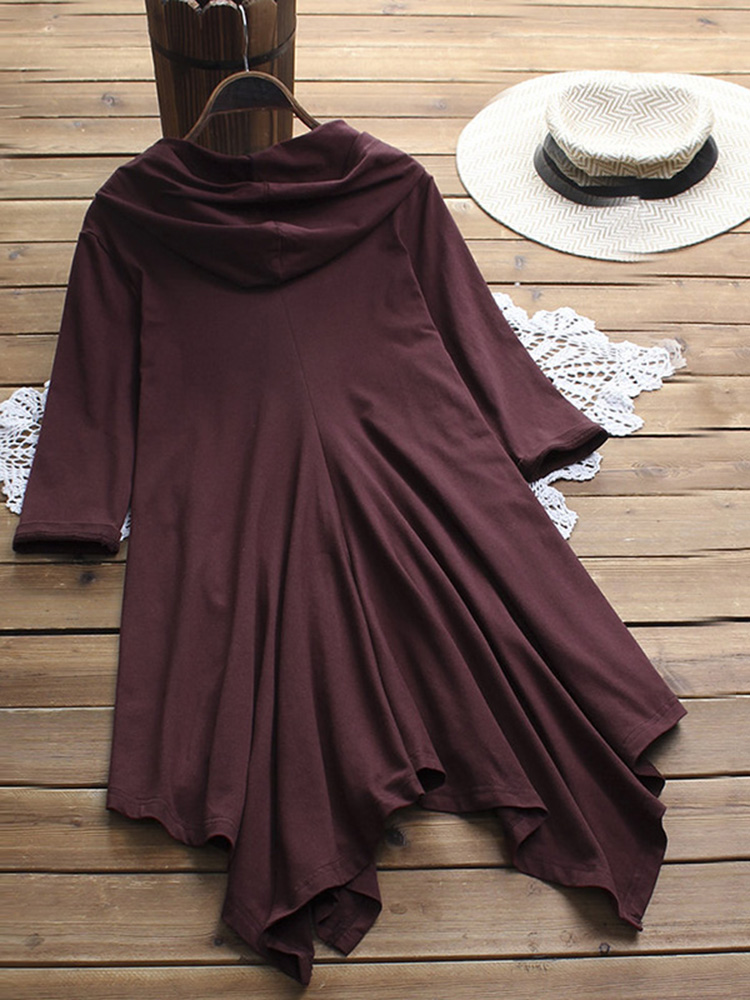 Casual-Women-Solid-Color-Irregular-Hem-34-Sleeve-Hoodie-Shirt-Dress-1384689