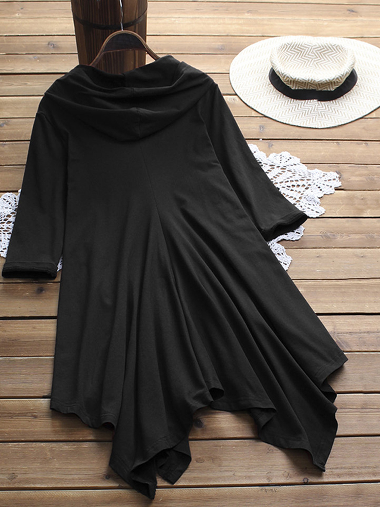 Casual-Women-Solid-Color-Irregular-Hem-34-Sleeve-Hoodie-Shirt-Dress-1384689