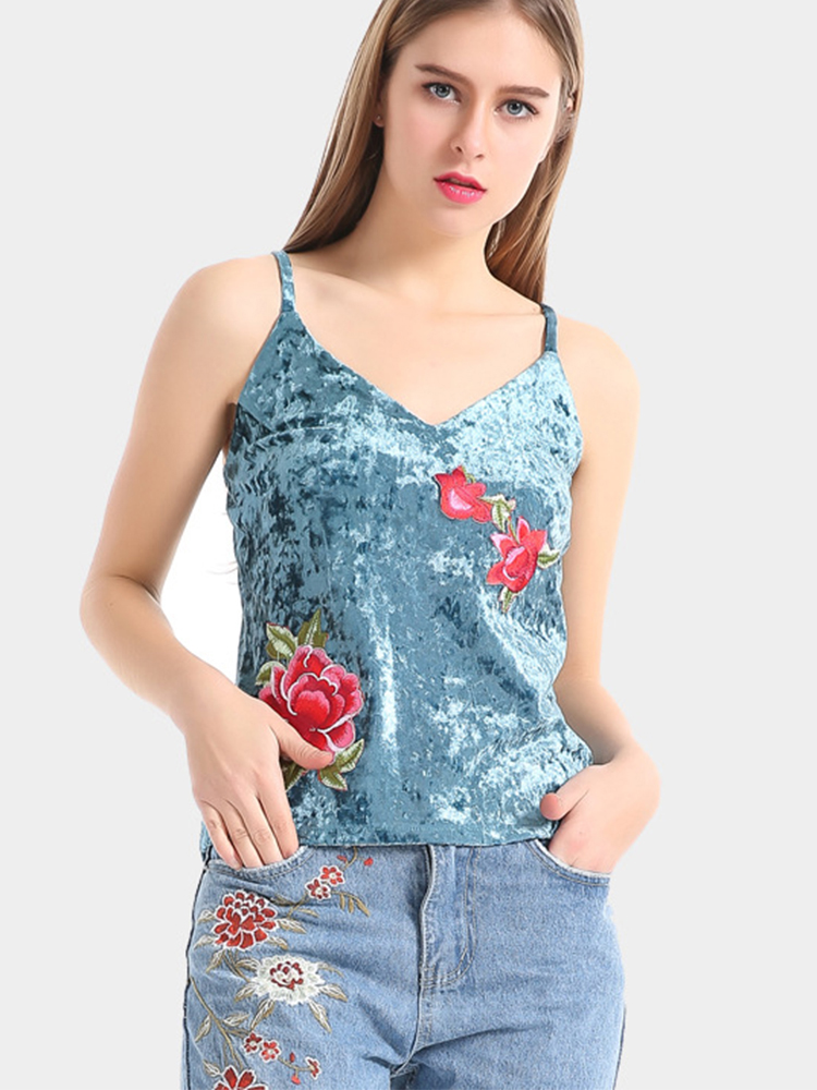Blue-Sexy-Velvet-Flower-Embroidered-V-Neck-Spaghetti-Strap-Women-Tank-Tops-1127689