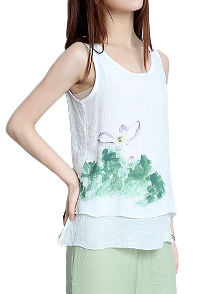 Elegant-Women-Lotus-Ink-Printing-Fake-Two-piece-Cotton-Linen-Tank-Top-1056669