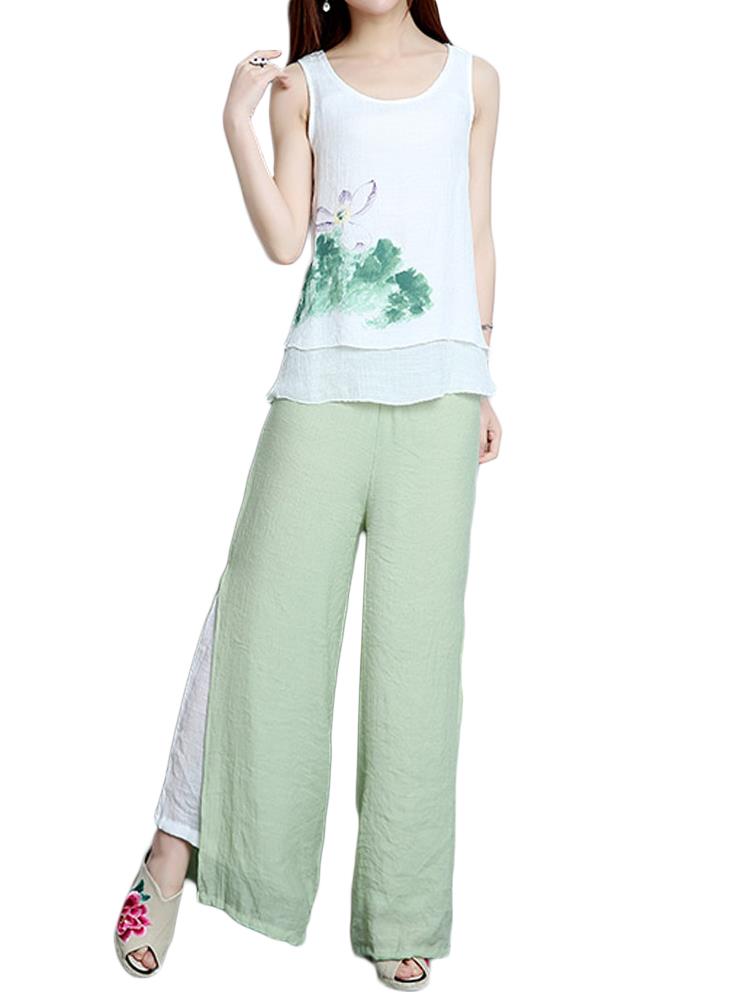 Elegant-Women-Lotus-Ink-Printing-Fake-Two-piece-Cotton-Linen-Tank-Top-1056669