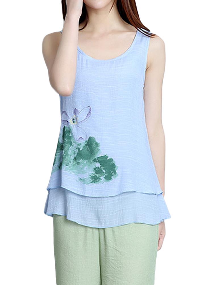 Elegant-Women-Lotus-Ink-Printing-Fake-Two-piece-Cotton-Linen-Tank-Top-1056669