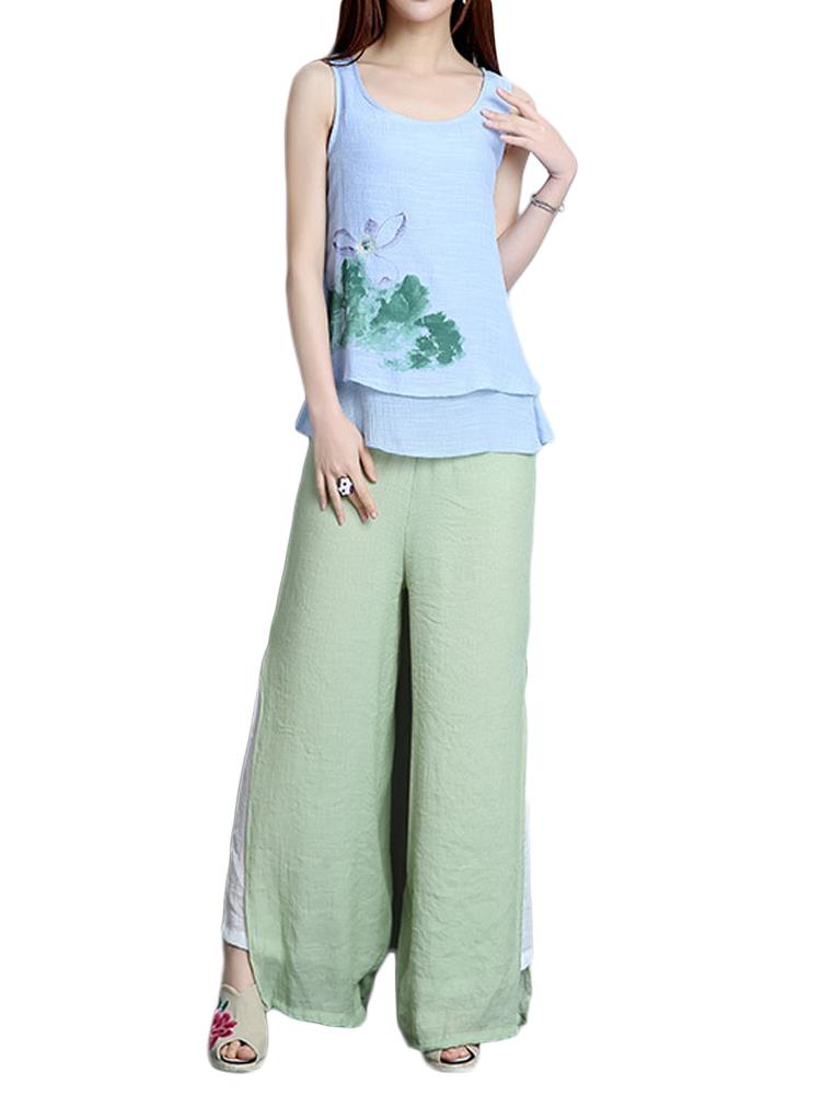 Elegant-Women-Lotus-Ink-Printing-Fake-Two-piece-Cotton-Linen-Tank-Top-1056669