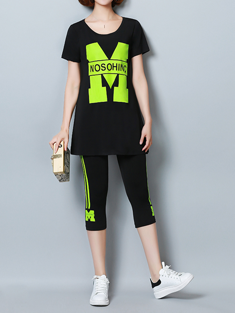 Casual-Letter-Print-Short-Sleeve-Pure-Color-Tracksuit-For-Women-1189917
