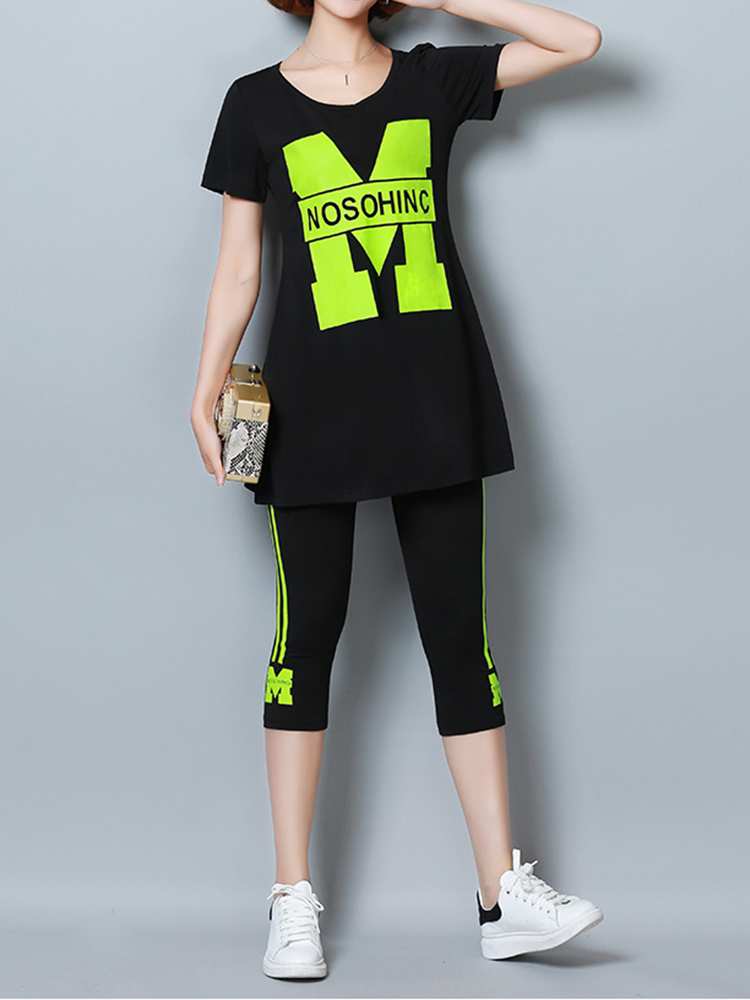 Casual-Letter-Print-Short-Sleeve-Pure-Color-Tracksuit-For-Women-1189917