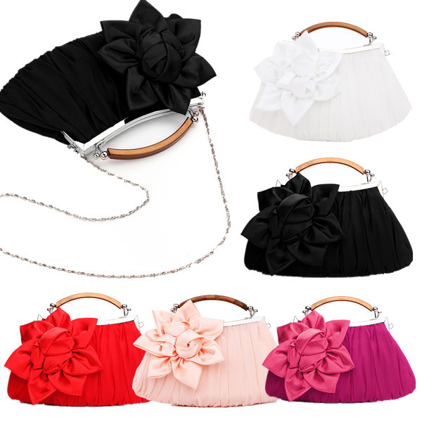 Rosette-Blossom-Ruched-ToteClutch-Handbag-Bridal-Metal-Chain-Purse-931151