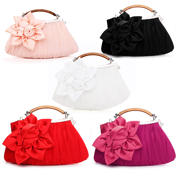 Rosette-Blossom-Ruched-ToteClutch-Handbag-Bridal-Metal-Chain-Purse-931151