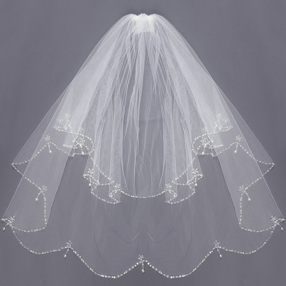 2-Layers-Bride-Elbow-Beaded-Edge-Pearl-White-Ivory-Bridal-Wedding-Veil-with-Comb-1025632