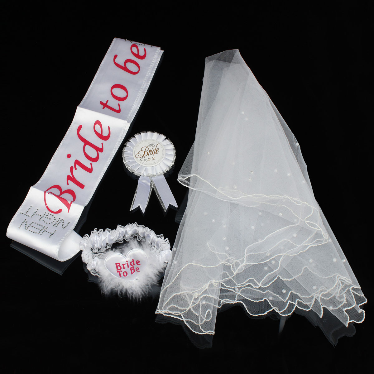 White-Bride-to-Be-Garter-Sash-Veil--Badge-Rosette-Bachelorette-Party-Hen-Night-Wedding-Accessories-998706