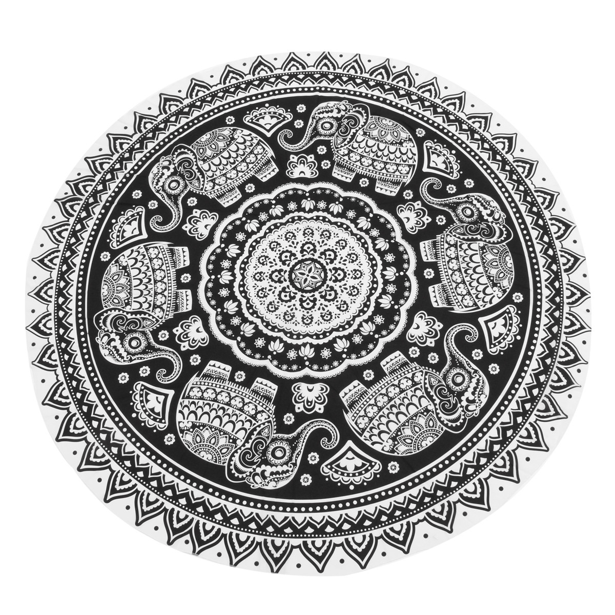 145CM-Bohemia-Elephant-Black-White-Round-Yoga-Mat-Beach-Towel-Shawl-Wall-Hanging-Tapestry-1072409