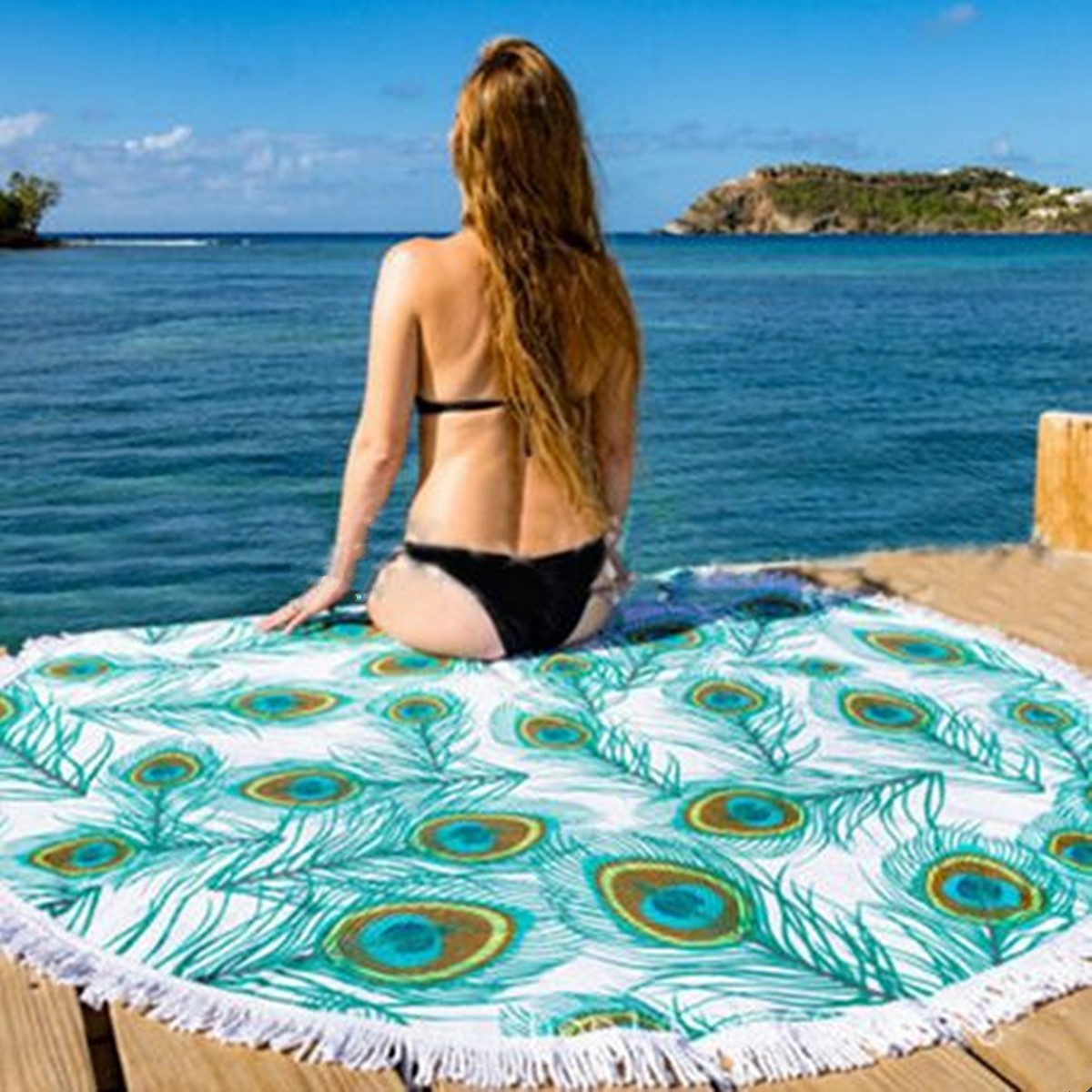 150CM-Peacock-Feather-Printed-Round-Towel-Yoga-Mat-Beach-Printing-Throw-Shawl-Wall-Hanging-Tapestry-1075860