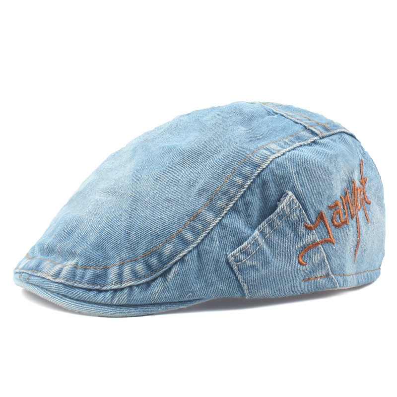 Leisure-Washed-Denim-Adjustable-Beret-Hat-Men-Women-Letter-Embroidered-Peaked-Caps-1364348