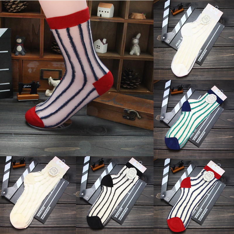 Women-Ankle-Low-Cut-Yarn-Transparent-Socks-Crystal-Striped-Floral-Short-Pantyhose-996140